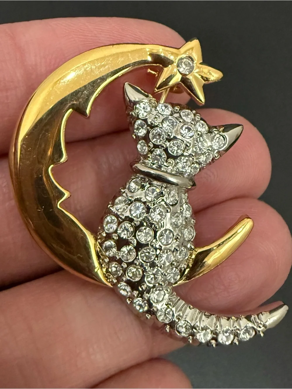 Vintage Unsigned Pave Crystal Cat Perched on Crescent Moon Brooch
